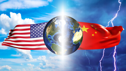 USA vs China. American flag and PRC near globe. Confrontation between states. Geopolitical...