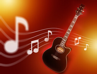 Acoustic guitar. Musical notes. Instrument for guitarist. Wooden guitar on red background. Musical...
