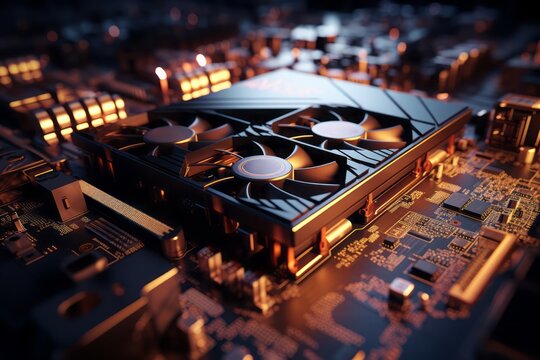 Close-up of computer graphics card, futuristic design, bright light shining on it.