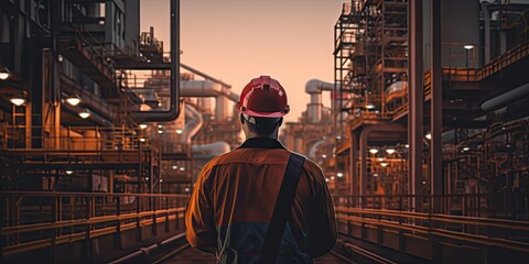 Diligent engineer in hardhat overseeing safety in industrial construction site at sunset. Portrait of professional male architect at work in setting. Team of skilled workers collaborating