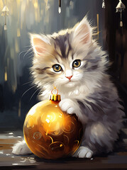 A cute kitten is playing with a ball for a Christmas tree.  Christmas story. Christmas night. Painting Christmas illustration. New Year's dreams. - 660957349
