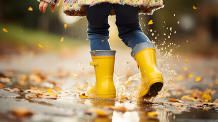 Gros plan sur les jambes d'une petite fille avec des bottes dans une flaque d'eau pluie en forêt pendant l'automne.  - obrazy, fototapety, plakaty