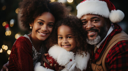 Joyful African American Family: Smiling Parents and Child in Santa Hats by the Christmas Tree