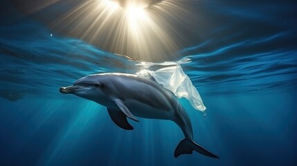 Obraz na płótnie Canvas dolphin and plastic bags in Ocean, worldwide ocean pollution