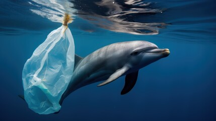 Naklejka premium dolphin and plastic bags in Ocean, worldwide ocean pollution