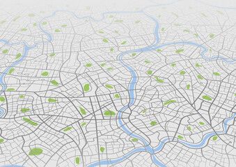 Isometric navigate mapping technology for distance data, path turns. Abstract map with unique lines, geometric patterns background. City top view. Streets, blocks, route for movement on the streets.
