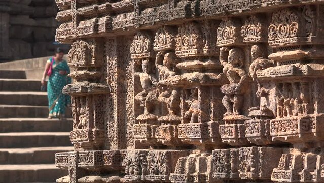 Details of sculptures on the Konark Sun Temple. The temple was built in the 13th century and is now a Unesco world heritage site.