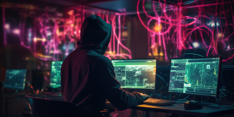 Fototapeta na wymiar Dangerous Hooded Hacker Breaks into Data Servers. Their System with a Virus. His Hideout Place has Dark Atmosphere, Multiple Displays, Cables Everywhere