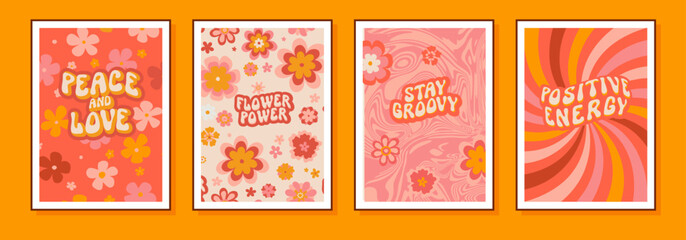 Vector groovy flower poster set. Abstract psychedelic 70s floral illustration wall art. Spring summer daisy vintage framed art print collection. 60s style Peace and Love, Flower Power, Stay Groovy