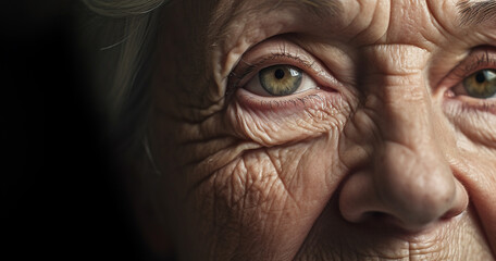 Close-up wrinkles of a senior woman. Facial treatments. Anti-aging program, concept. Removal of wrinkles, age-related changes.  Portrait of a beautiful natural old woman with wrinkles copy space