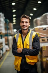 Portrait of smiling male industrial worker in warehouse storage center generative ai - obrazy, fototapety, plakaty