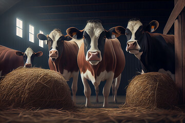 Four curious cows staring at the camera. - obrazy, fototapety, plakaty