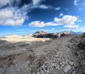 Beautiful landscape of Italian dolomites-with mountain meadows,lakes and rocky and sharp mountain tops,Dolomite Alps mountains, Trentino Alto Adige region, Sudtirol, Dolomites, Italy