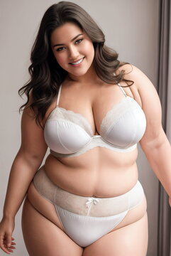 Beauty curve plus size fat woman in a white underwear lingerie in studio shot.Long dark hair.Digital creative designer fashion art.