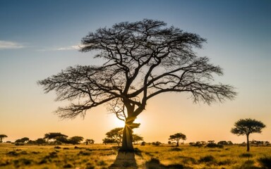 Obraz premium Beautiful shot of a tree in the savanna plains with the blue sky ai generated