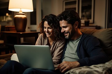 A young couple sitting on a couch, planning their financial future and looking at a laptop with a financial planning software