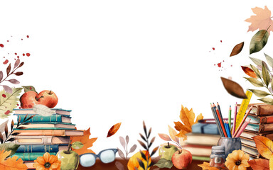 Beautiful autumn leaves decorative border for frame. 1 September books frame with blur effect. Welcome back to school stationery tools. Books on school blackboard background. Isolated on white