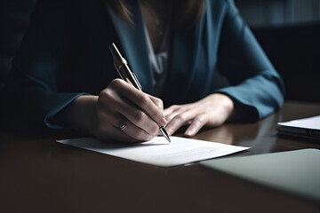 Businesswoman signs documents with a pen making the signature sitting at the desk .