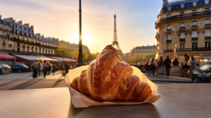Foto op Canvas un croissant appétissant sur un table de bistro à Paris avec la tour Eiffel en arrière-plan © Fox_Dsign