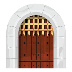 Castle wooden gate, medieval cartoon entrance grate, stone arch