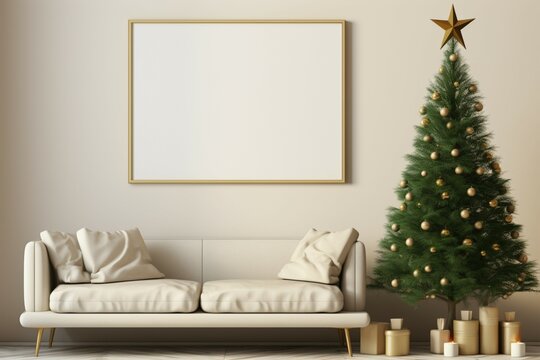 Christmas interior mockup framed against a cream wall in a cozy living room