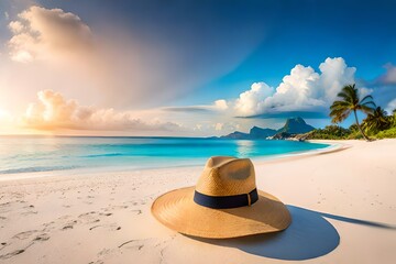 Fototapeta na wymiar beach with straw hat and sea