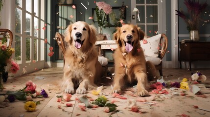 Chaotic living room with dogs and mess. Flower pots destruction, scattering soil and plants all over the floor. Destructive behavior, behaviour problems. Happy puppy time and happiness. - obrazy, fototapety, plakaty