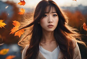 Asian woman looking off into the distance while standing in a park at autumn - 660960791
