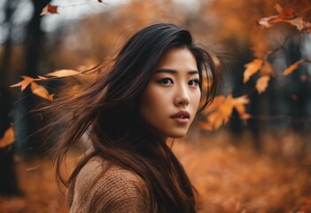 Asian woman looking off into the distance while standing in a park at autumn - 660960793