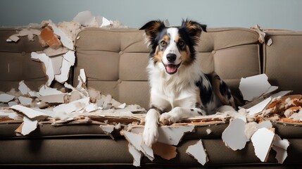 Dog sits on destructed couch, surrounded by a mess of torn fabric and stuffing. Pets destructive behavior after boredom and lack of exercise. Happy dog sits in chaos. Home living room in mess. - obrazy, fototapety, plakaty