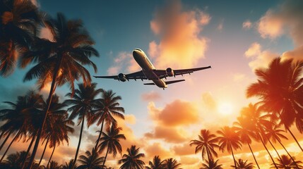 Fototapeta premium Airplane flying above palm trees in clear sunset sky with sun rays