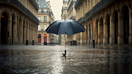 un parapluie ouvert dans une rue pavée parisienne sous la pluie, sans personne