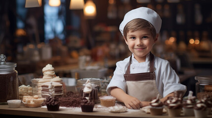 A little boy in a chef costume makes food in the kitchen.