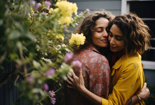 Two females embracing by the flowers in front of house