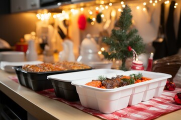 Efficient holiday cooking Hot orders in disposable boxes in a festive kitchen