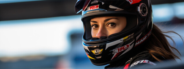 A close-up of a female racer wearing a safety helmet. - obrazy, fototapety, plakaty