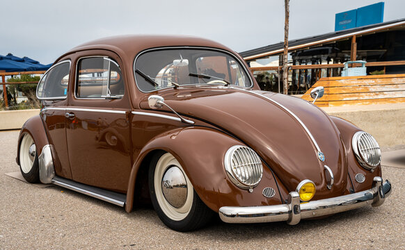 Scheveningen, The Netherlands, 14.05.2023, Iconic german economy car Volkswagen Beetle, informally VW Bug, polished and customized oldtimer at The Aircooled classic car show