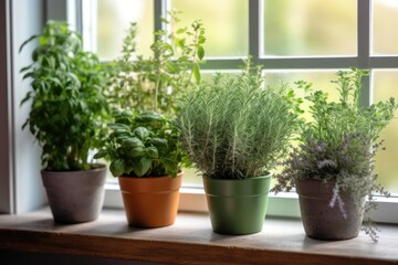 Fototapeta na wymiar Different aromatic potted herbs. Spring eco organic garden on windowsill at home. Close up.