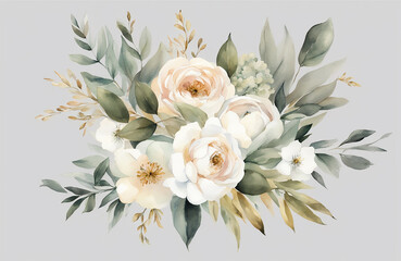 Watercolor floral illustration bouquet - white flowers, rose, peony, green and gold leaf branches collection. Wedding stationary, greetings, wallpapers, fashion, background. Eucalyptus, olive, leaves