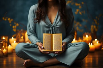 Fototapeta na wymiar Woman with a blank gratitude journal, practicing mindfulness, Generative AI