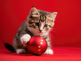 Little kitten playing with a Christmas ball on red background. Genrative AI.