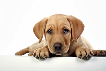Heart melting Labrador puppy with a forlorn expression, resting on a white backdrop