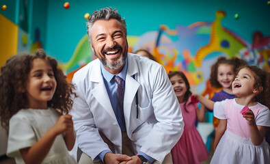 Fototapeta na wymiar Portrait of happy male doctor with laughing little girls. Pediatric clinic. Healthcare, medical center. Generative AI
