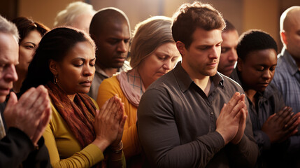 Group of people during prayer in a church. - obrazy, fototapety, plakaty