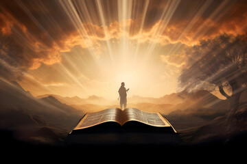 Bright Sunlight Illuminating the Path, with the Silhouette of the Holy Bible and Jesus Christ, Signifying Spiritual Enlightenment and Guidance - obrazy, fototapety, plakaty