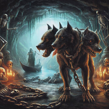 Illustration of Cerberus the Three headed dog.  hound of Hades. Guarding the entrance to the underworld. Ancient Greek mythology. Charon the ferryman in background. Hellhound. Generative AI.