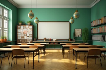 Interior shot of a school classroom featuring desks, chairs, and a blank chalkboard