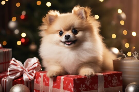 Merry Christmas and Happy New Year with cute Pomeranian puppies in gift boxes