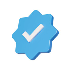 Profile verification check mark social media icon. Blue verified badge with checkmark sign isolated on empty background. Transparent Square image 3D illustration