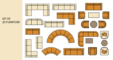 Furniture for the floor plan. Top view sofas, armchairs, and coffee tables. Perfect for interior mood boards and planning sketches. Architectural.